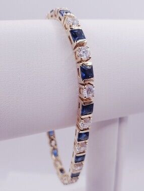 Yellow Gold - 925 Sterling Silver Tennis Bracelet - Blue